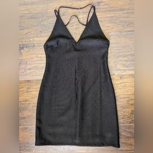 MINI BLACK DRESS, V neck, double lining, silver chain accents, Satin look